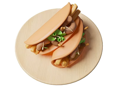 Two Fresh Tacos Topped with Fries Lettuce and Onions on Wooden Plate 3d model