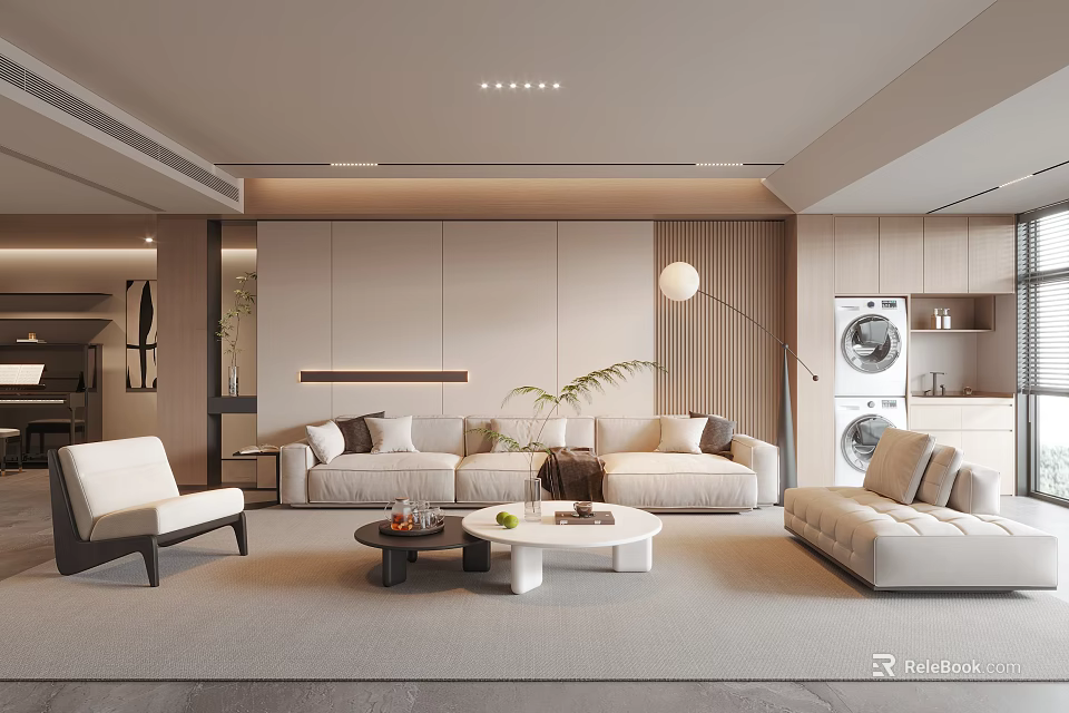 Modern Living Room Interior Design With Sofa Coffee Tables Floor Lamp And Decorative Plant 3d model 
