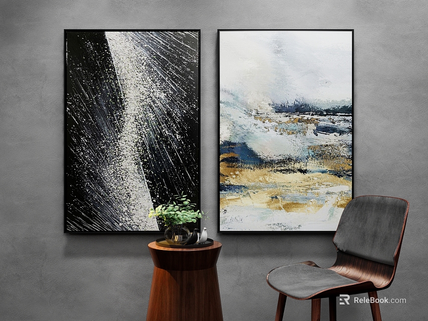 Black White Abstract And Watercolor Wall Art On Grey Wall With Green Plant Wooden Chair 3d model 