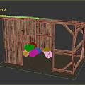 Wooden Storage Shed With Corrugated Roof And Logs Inside On Paved Ground