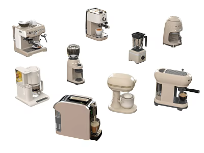 Neutral Colored Modern Kitchen Appliances Including Coffee Maker Blender Toaster Grinder And Kettle 3d model