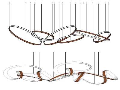 Elegant Modern Chandelier With Curved Rings Hanging Design And Metallic Wood Accents For Interior Decor 3d model