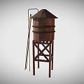 Wooden Water Tower With Cylindrical Storage Tank And Ladder Support Frame Structure