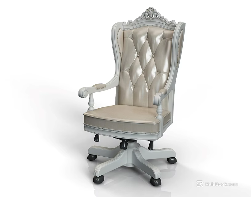 Elegant Tufted Leather Office Chair With Carved Backrest Armrests And Swivel Base 3d model 