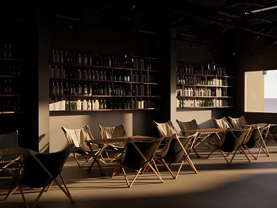 Modern Bar Interior With Wooden Tables Chairs And Shelves Full Of Bottles 3d model