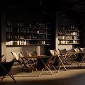 Modern Bar Interior With Wooden Tables Chairs And Shelves Full Of Bottles