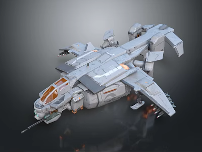 Sci Fi Spaceship 3D Render With Gray Armor Cockpit Weapons And Thrusters 3d model