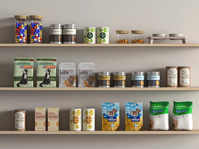 Assorted Pet Food Products Displayed On Shelves With Cans Packets And Jars 3d model