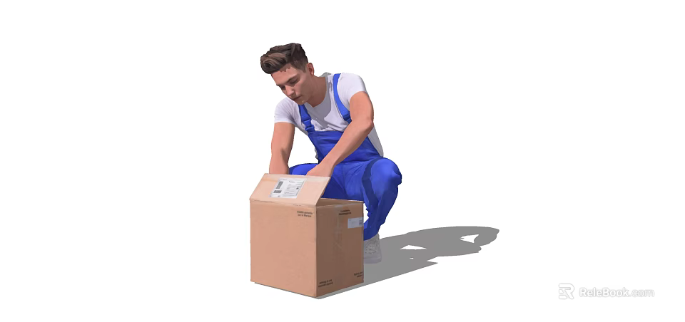Man in Blue Overalls and White T-Shirt Kneeling to Handle Brown Cardboard Box 3d model 