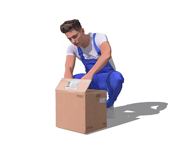 Man in Blue Overalls and White T-Shirt Kneeling to Handle Brown Cardboard Box 3d model