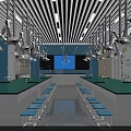 Modern Laboratory Interior With Green Countertops Blue Chairs White Pendant Lights And Projection Screen