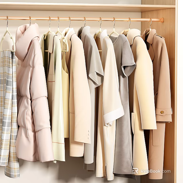 Neutral Toned Clothes Hanging On Wooden Rack With Various Styles And Soft Fabrics 3d model 