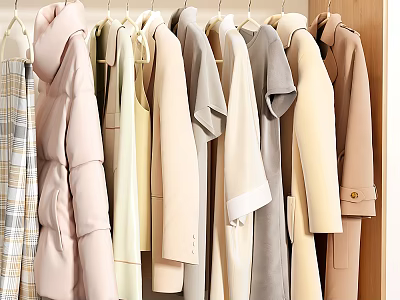 Neutral Toned Clothes Hanging On Wooden Rack With Various Styles And Soft Fabrics 3d model