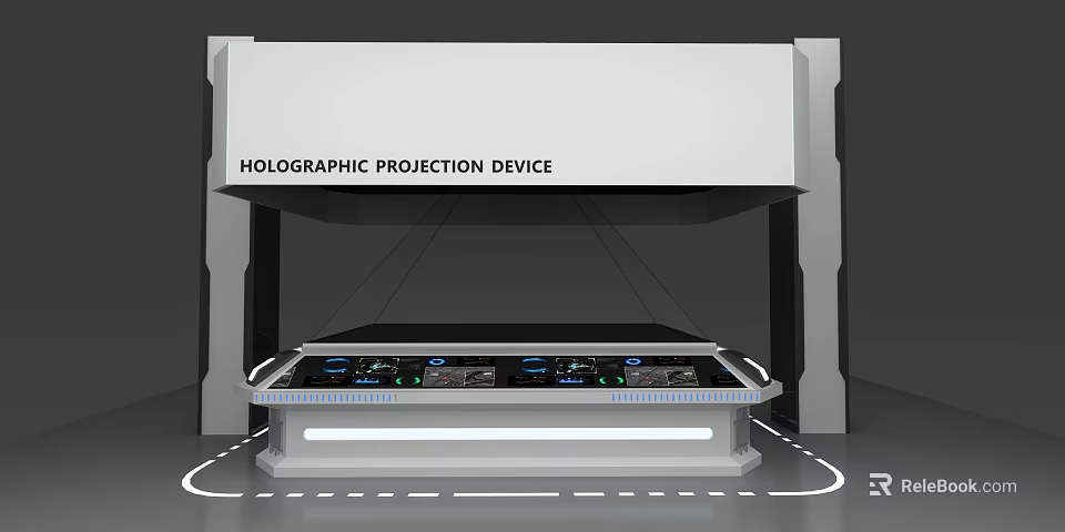 Tech Exhibition Hall Featuring Holographic Projection Device And Interactive Display Console 3d model