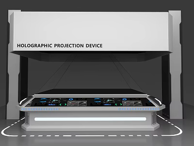 Tech Exhibition Hall Featuring Holographic Projection Device And Interactive Display Console 3d model
