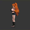 Woman With Long Orange Hair In Black Sports Bra Denim Shorts Standing Arms Outstretched
