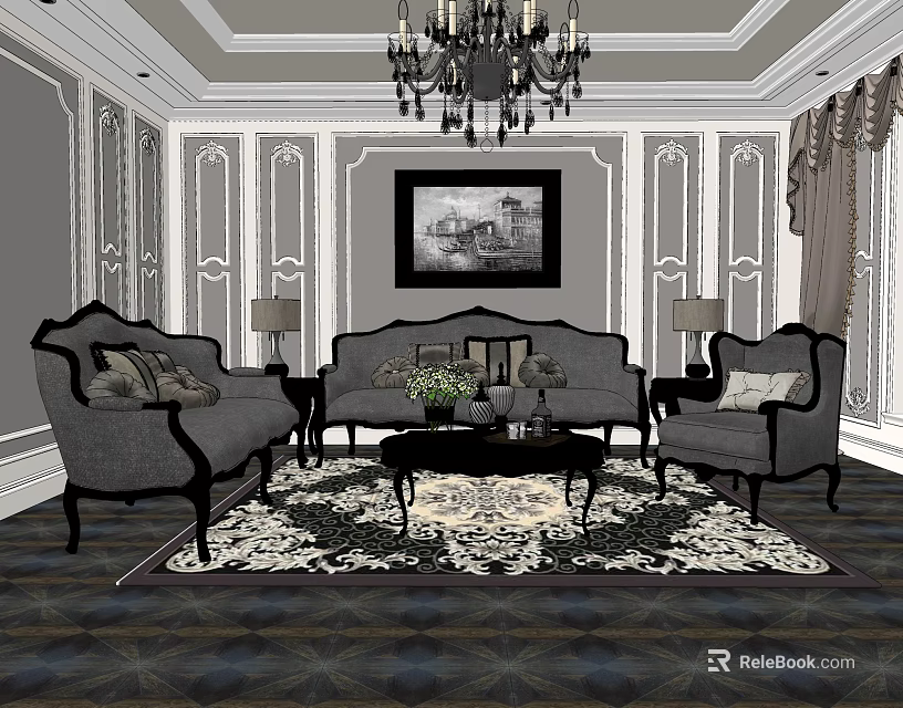 Classic Sofa and Coffee Table Set with Chandelier Decorative Rug Table Lamps and Wall Art 3d model 