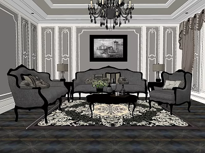 Classic Sofa and Coffee Table Set with Chandelier Decorative Rug Table Lamps and Wall Art 3d model