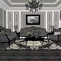 Classic Sofa and Coffee Table Set with Chandelier Decorative Rug Table Lamps and Wall Art