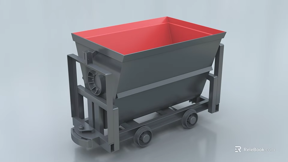Industrial Hopper Cart Featuring Gray Body Red Interior And Wheel Frame 3d model 