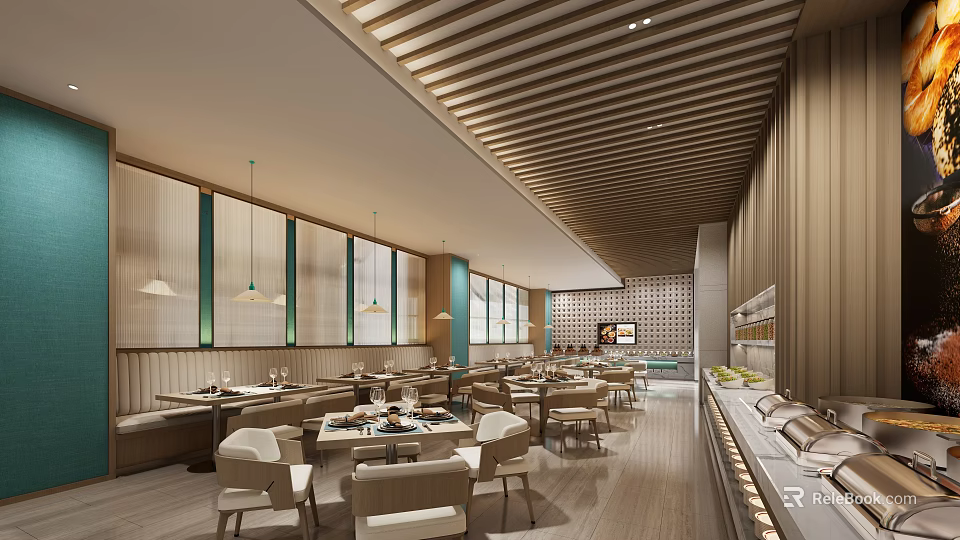 Modern Restaurant Interior With Wooden Slat Ceiling Dining Tables Pendant Lights And Green Panel Walls 3d model 