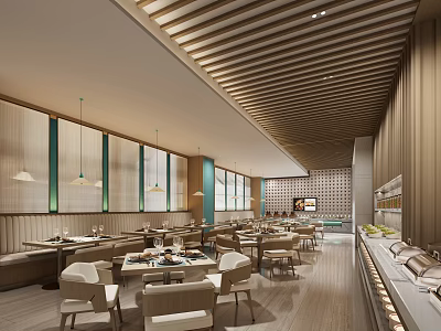 Modern Restaurant Interior With Wooden Slat Ceiling Dining Tables Pendant Lights And Green Panel Walls 3d model