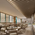 Modern Restaurant Interior With Wooden Slat Ceiling Dining Tables Pendant Lights And Green Panel Walls