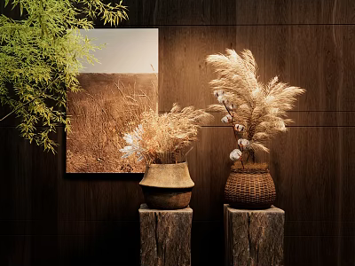 Natural Style Decorative Ornament Set Featuring Clay Pot Woven Basket On Wooden Stump Bases 3d model