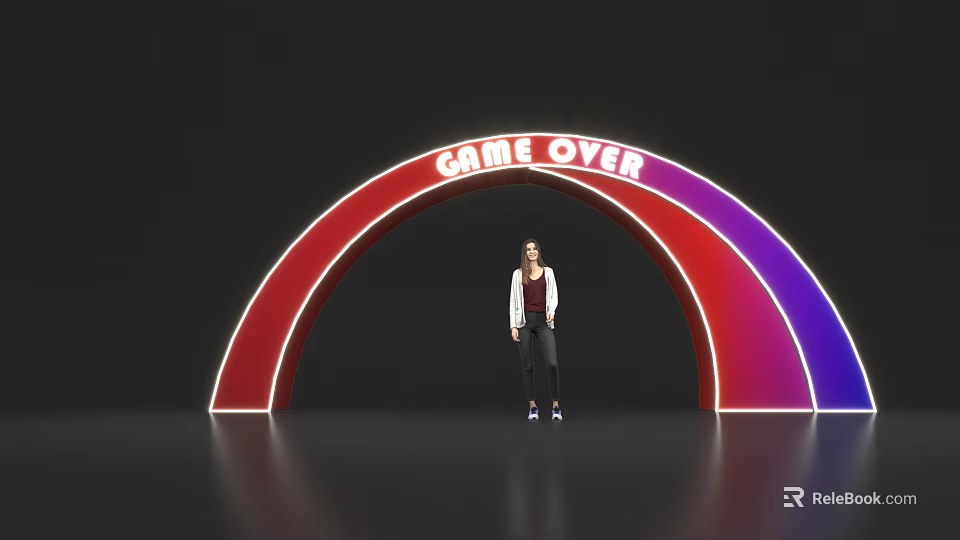 Vibrant Red Purple Archway Featuring GAME OVER Text With Person Standing Underneath 3d model 