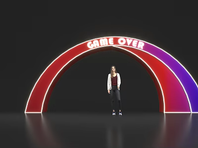 Vibrant Red Purple Archway Featuring GAME OVER Text With Person Standing Underneath 3d model