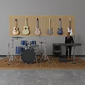 Musical Instruments and Art Supplies Collection Featuring Hanging Guitars Drum Set and Electronic Keyboard