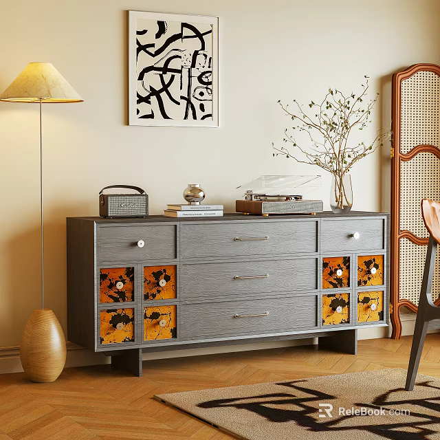 Stylish Entryway Console Table With Gray Finish Drawers Glass Panel Doors And Decorative Ornaments 3d model 