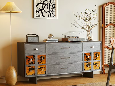Stylish Entryway Console Table With Gray Finish Drawers Glass Panel Doors And Decorative Ornaments 3d model