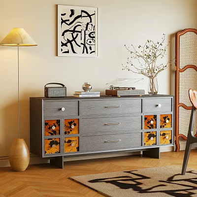Stylish Entryway Console Table With Gray Finish Drawers Glass Panel Doors And Decorative Ornaments 3d model