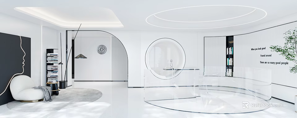Modern Hotel Lobby Interior With White Circular Design Glass Furniture And Lighting 3d model 