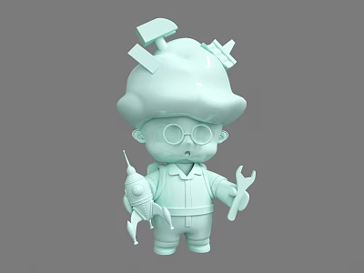 Mint Green 3D Cartoon Character With Glasses Tools On Head And Fish Wrench 3d model