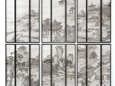 Ink Wash Chinese Landscape Painting on Screen Panels with Ancient Buildings and Mountain Water Scenery 3d model