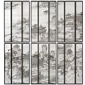 Ink Wash Chinese Landscape Painting on Screen Panels with Ancient Buildings and Mountain Water Scenery