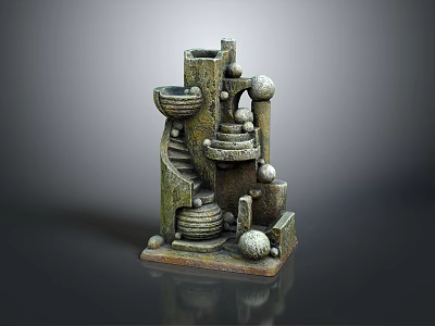 Green Textured Garden Ornament with Unique Geometric Design Featuring Spheres Cylinders and Stepped Structures 3d model