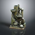 Green Textured Garden Ornament with Unique Geometric Design Featuring Spheres Cylinders and Stepped Structures