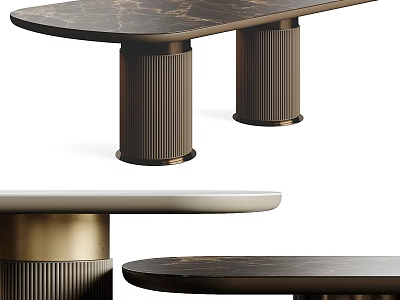 Elegant Modern Dining Table With Dark Marble Top And Ribbed Metal Base 3d model
