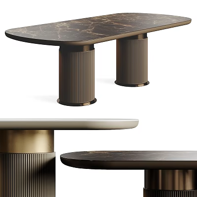 Elegant Modern Dining Table With Dark Marble Top And Ribbed Metal Base 3d model