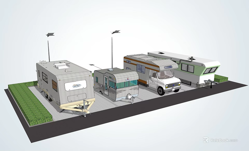 Different Types Of RV Campers Parked In Outdoor Parking Area With Street Lamps 3d model 