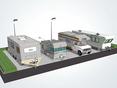 Different Types Of RV Campers Parked In Outdoor Parking Area With Street Lamps 3d model