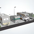 Different Types Of RV Campers Parked In Outdoor Parking Area With Street Lamps