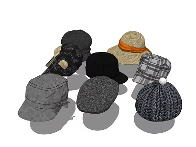 Various Stylish Hats Collection Including Knit Beret Straw Cap And Plaid Designs 3d model