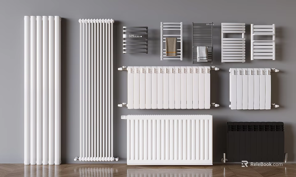 Modern Bathroom Accessories Collection With Various Radiators And Stylish Towel Racks 3d model 