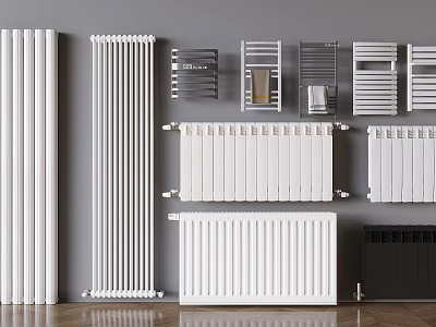 Modern Bathroom Accessories Collection With Various Radiators And Stylish Towel Racks 3d model