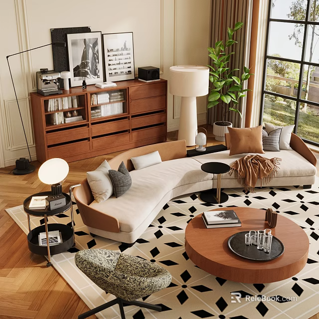 Modern Curved Beige Sofa And Coffee Table Set With Decorative Pillows And Geometric Rug 3d model 
