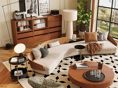 Modern Curved Beige Sofa And Coffee Table Set With Decorative Pillows And Geometric Rug 3d model